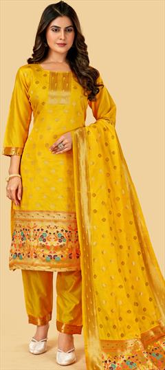 Party Wear Yellow color Salwar Kameez in Art Silk fabric with Straight Weaving work : 1866920