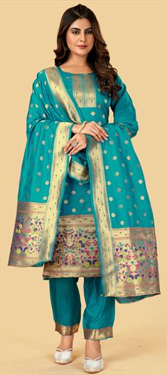 Party Wear Blue color Salwar Kameez in Art Silk fabric with Straight Weaving work : 1866922