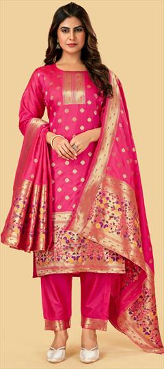 Party Wear Pink and Majenta color Salwar Kameez in Art Silk fabric with Straight Weaving work : 1866928