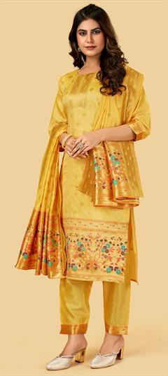 Party Wear Gold color Salwar Kameez in Art Silk fabric with Straight Weaving work : 1866929