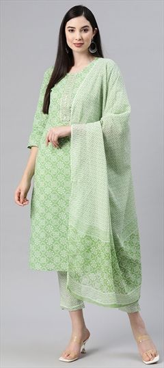 Festive, Summer Green color Salwar Kameez in Cotton fabric with Straight Bandhej, Printed, Resham, Thread work : 1867020