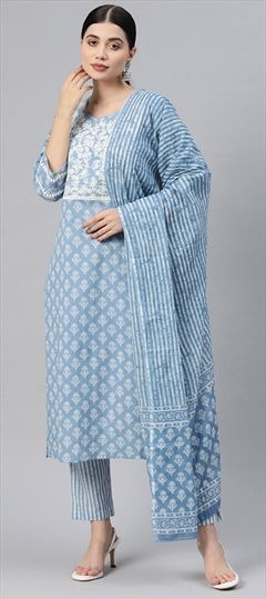 Casual, Summer Blue color Salwar Kameez in Cotton fabric with Straight Printed, Resham, Thread work : 1867025