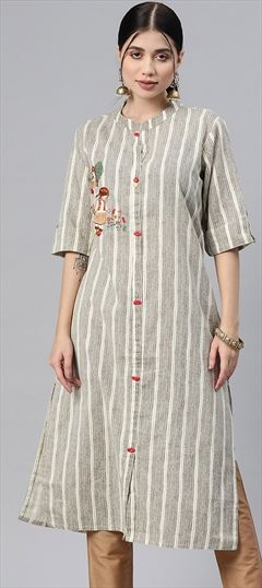 Casual, Summer Beige and Brown color Kurti in Cotton fabric with Long Sleeve, Straight Embroidered, Printed, Resham, Thread work : 1867056