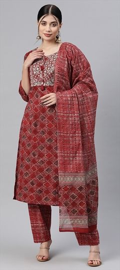 Festive, Party Wear, Summer Red and Maroon color Salwar Kameez in Cotton fabric with Straight Embroidered, Printed, Resham, Sequence, Thread work : 1867105