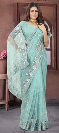 Designer, Engagement, Reception Blue color Saree in Net fabric with Classic Embroidered, Resham, Thread work : 1867292