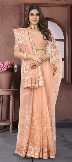 Designer, Engagement, Reception Pink and Majenta color Saree in Net fabric with Classic Embroidered, Resham, Thread work : 1867293