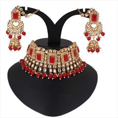Red and Maroon color Necklace in Metal Alloy studded with Austrian diamond, Kundan & Gold Rodium Polish : 1867585