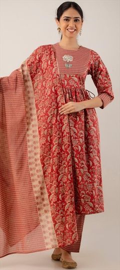 Festive, Summer Red and Maroon color Salwar Kameez in Cotton fabric with Anarkali Floral, Gota Patti, Printed work : 1867672