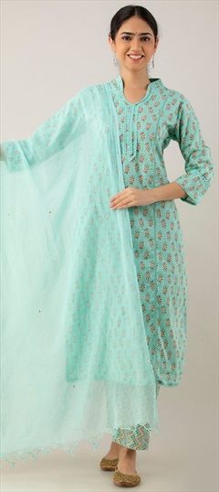 Casual, Summer Blue color Salwar Kameez in Cotton fabric with Straight Lace, Printed work : 1867673