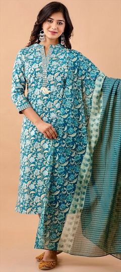 Casual, Summer Blue color Salwar Kameez in Cotton fabric with Straight Bugle Beads, Floral, Printed, Thread work : 1867676