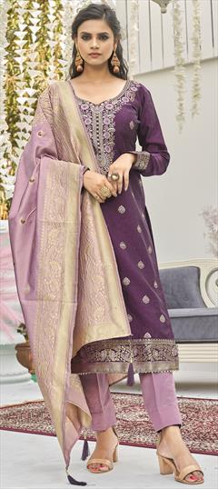 Party Wear Purple and Violet color Salwar Kameez in Banarasi Silk fabric with Straight Weaving work : 1868038