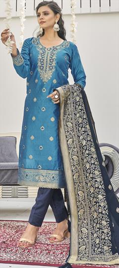 Party Wear Blue color Salwar Kameez in Banarasi Silk fabric with Straight Weaving work : 1868040