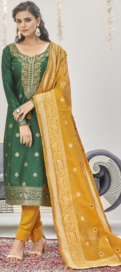 Party Wear Green color Salwar Kameez in Banarasi Silk fabric with Straight Weaving work : 1868041
