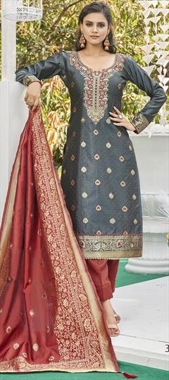 Party Wear Black and Grey color Salwar Kameez in Banarasi Silk fabric with Straight Weaving work : 1868043