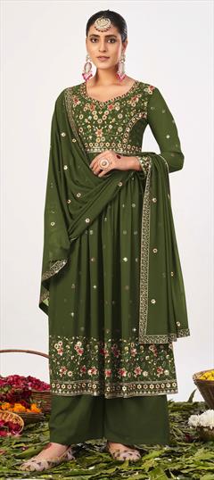Party Wear Green color Salwar Kameez in Georgette fabric with Palazzo, Straight Embroidered, Stone, Thread, Zari work : 1868080