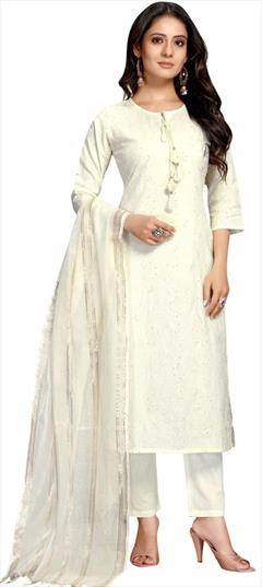 Party Wear White and Off White color Salwar Kameez in Cotton fabric with Straight Sequence, Thread work : 1868136