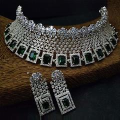 Green color Necklace in Metal Alloy studded with CZ Diamond & Silver Rodium Polish : 1868194