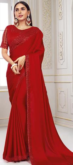 Reception, Traditional Red and Maroon color Saree in Satin Silk, Silk fabric with South Embroidered, Resham, Sequence, Thread work : 1868313