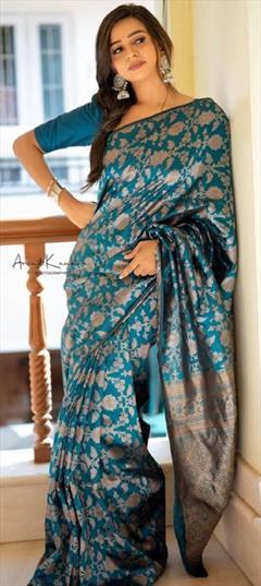 Party Wear, Traditional Blue color Saree in Art Silk, Silk fabric with South Weaving work : 1868364