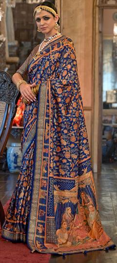 Reception, Traditional Blue color Saree in Patola Silk, Silk fabric with South Weaving work : 1868375