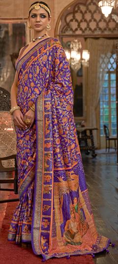 Reception, Traditional Purple and Violet color Saree in Patola Silk, Silk fabric with South Weaving work : 1868381