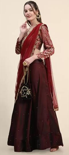 Party Wear, Reception Red and Maroon color Lehenga in Satin Silk fabric with Umbrella Shape Mukesh work : 1868463
