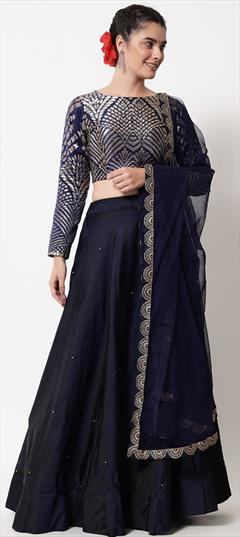 Party Wear, Reception Blue color Lehenga in Satin Silk fabric with Umbrella Shape Mukesh work : 1868464