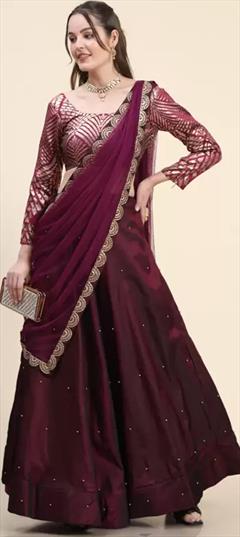 Party Wear, Reception Red and Maroon color Lehenga in Satin Silk fabric with Umbrella Shape Mukesh work : 1868466