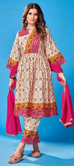 Festive, Party Wear White and Off White color Salwar Kameez in Rayon fabric with Anarkali Bandhej, Printed work : 1868515