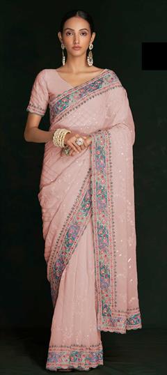 Bridal, Engagement, Wedding Pink and Majenta color Saree in Georgette fabric with Classic Embroidered, Resham, Thread work : 1868531