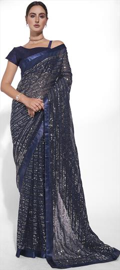 Mehendi Sangeet, Reception Blue color Saree in Georgette fabric with Classic Embroidered, Sequence, Thread work : 1868533