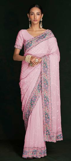 Bridal, Engagement, Wedding Pink and Majenta color Saree in Georgette fabric with South Embroidered, Resham, Thread work : 1868535