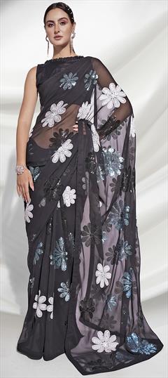 Mehendi Sangeet, Reception Black and Grey color Saree in Georgette fabric with Classic Embroidered, Sequence, Thread work : 1868537