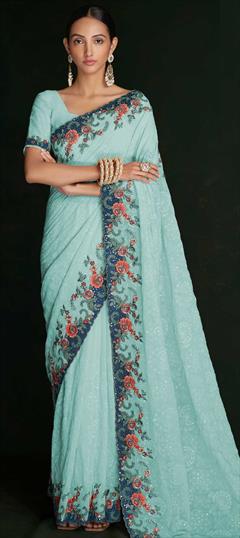 Bridal, Engagement, Wedding Blue color Saree in Georgette fabric with South Embroidered, Resham, Thread work : 1868538