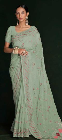 Bridal, Engagement, Wedding Green color Saree in Georgette fabric with South Embroidered, Resham, Thread work : 1868542