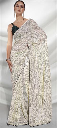 Mehendi Sangeet, Reception White and Off White color Saree in Georgette fabric with Classic Embroidered, Sequence, Thread work : 1868549