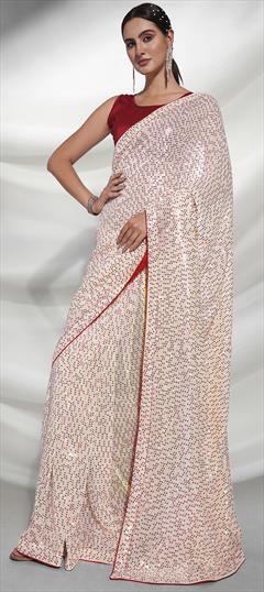 Mehendi Sangeet, Reception White and Off White color Saree in Georgette fabric with Classic Embroidered, Sequence, Thread work : 1868551