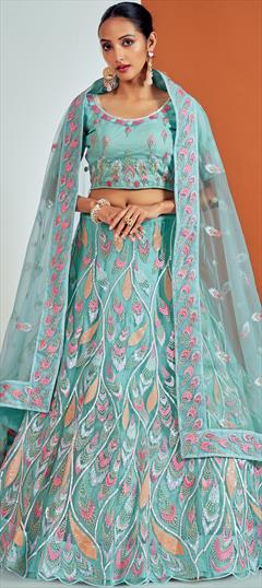 Bridal, Engagement, Wedding Blue color Lehenga in Net fabric with A Line Embroidered, Sequence, Thread, Zircon work : 1868598