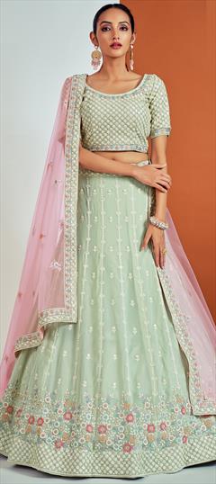 Bridal, Engagement, Wedding Green color Lehenga in Georgette fabric with A Line Embroidered, Sequence, Thread work : 1868602