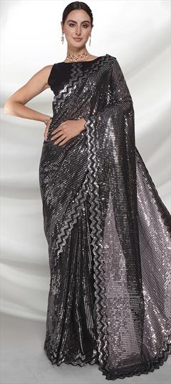 Party Wear, Reception Black and Grey color Saree in Georgette fabric with Classic Embroidered, Sequence, Thread work : 1868767