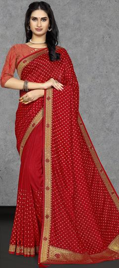 Traditional Red and Maroon color Saree in Art Silk, Silk fabric with South Stone work : 1868952