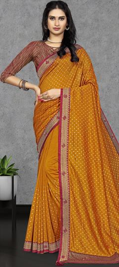 Traditional Yellow color Saree in Art Silk, Silk fabric with South Stone work : 1868957