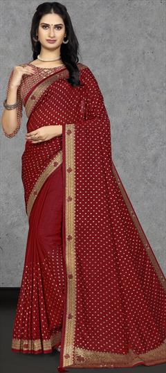 Traditional Red and Maroon color Saree in Art Silk, Silk fabric with South Stone work : 1868962
