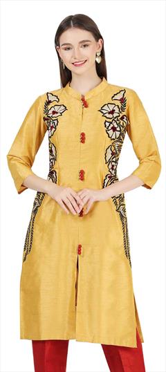 Casual Yellow color Kurti in Raw Silk fabric with Embroidered, Thread work : 1868996