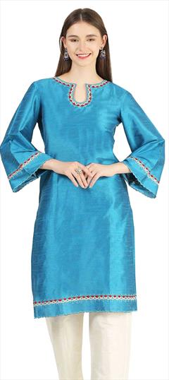 Casual Blue color Kurti in Raw Silk fabric with Resham, Thread, Zari work : 1869005
