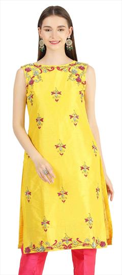 Casual Yellow color Kurti in Raw Silk fabric with Embroidered, Resham, Thread, Zari work : 1869007