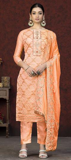 Party Wear Pink and Majenta color Salwar Kameez in Cotton fabric with Straight Bandhej, Embroidered, Printed, Thread work : 1869066