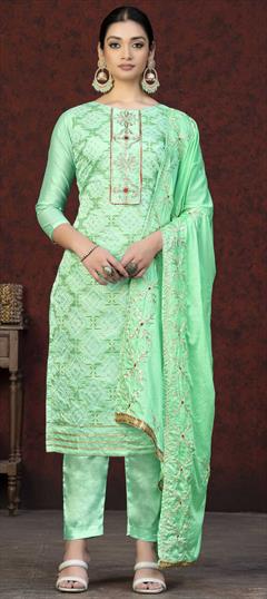 Party Wear Green color Salwar Kameez in Cotton fabric with Straight Embroidered, Thread work : 1869074
