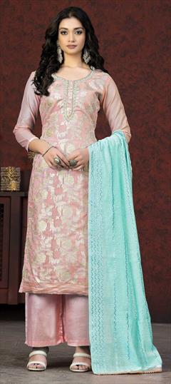 Party Wear Pink and Majenta color Salwar Kameez in Banarasi Silk fabric with Palazzo, Straight Thread, Weaving work : 1869081