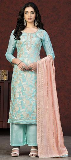 Party Wear Blue color Salwar Kameez in Banarasi Silk fabric with Palazzo, Straight Thread, Weaving work : 1869085